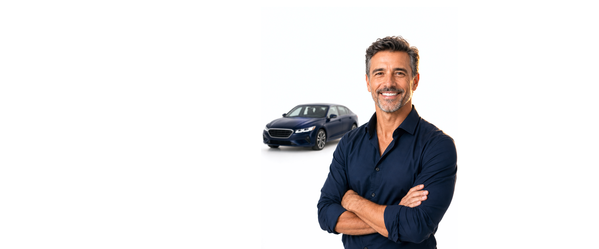 Homem de braços cruzados ao lado de um carro, representando uma operação de seguros auto com marca própria