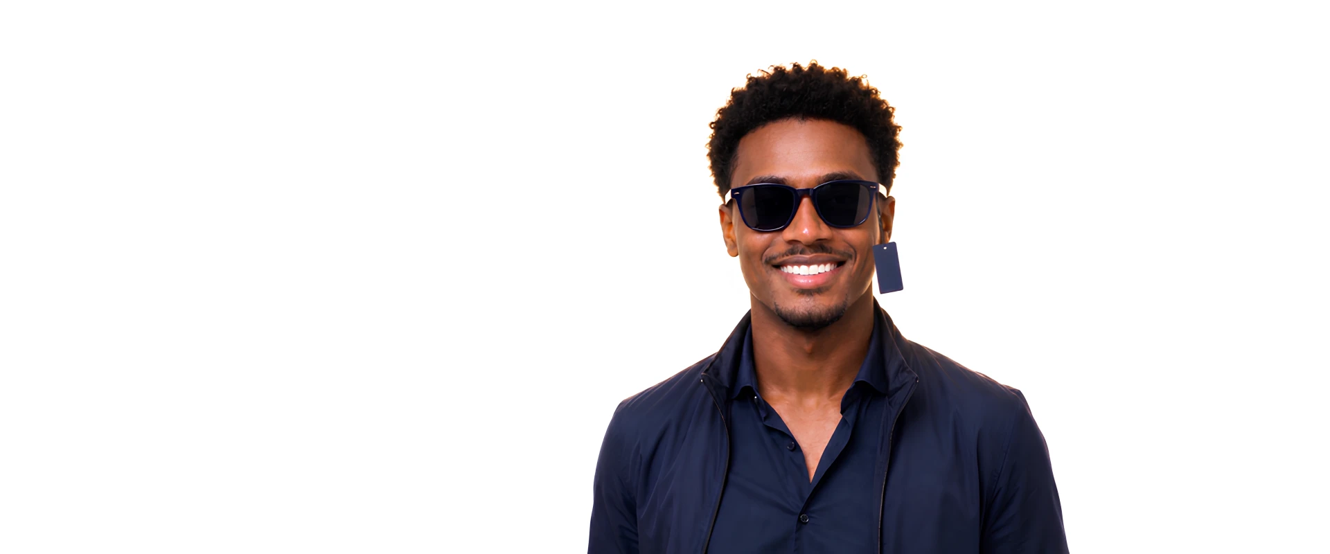 Homem sorrindo usando óculos de sol, representando uma operação de seguro para óticas com marca própria